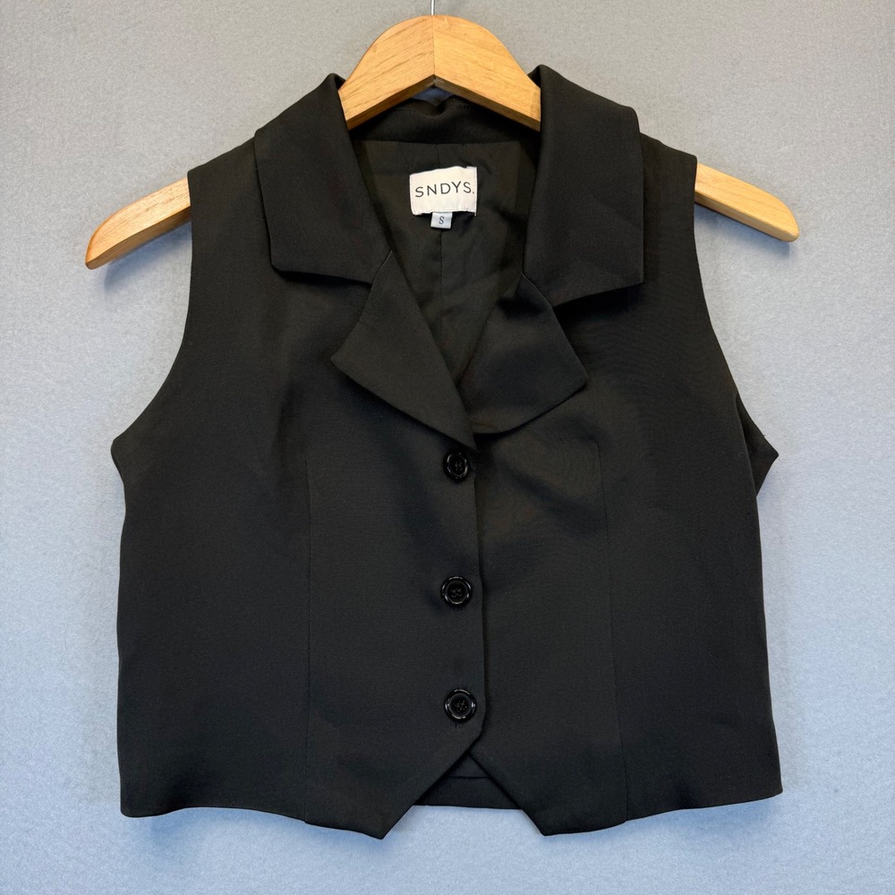 SNDYS Womens Black Cropped Button Up Vest Notched Lapel Size‎ S Small